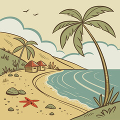 Obraz premium Tropical beach scene with huts and palm trees