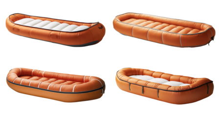 Four orange packrafts showcase different angles and designs on transparent background