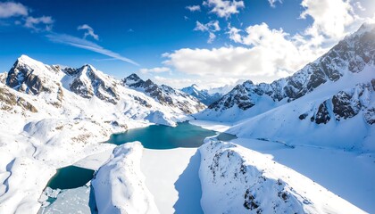 A breathtaking alpine vista showcasing a serene glacial lake nestled amidst snow-capped peaks under a vibrant blue sky.