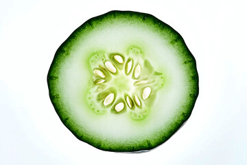 Close up slice of fresh green cucumber on white background