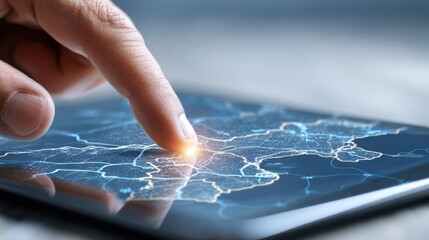 Closeup medium shot of a tablet showing policy impact zones with overlays a finger precisely tapping a stakeholder region background out of focus emphasizing interactive mapping.