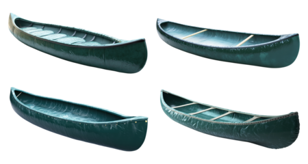 Four green canoes are displayed at different angles on transparent background