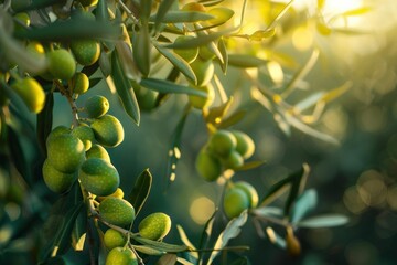 Close up of green olives growing on an olive branch, illuminated by the warm glow of the setting sun
