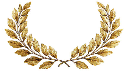 Golden laurel wreath, circular, decorative. Detailed leaves, gold hue. Dark background. Ornate design