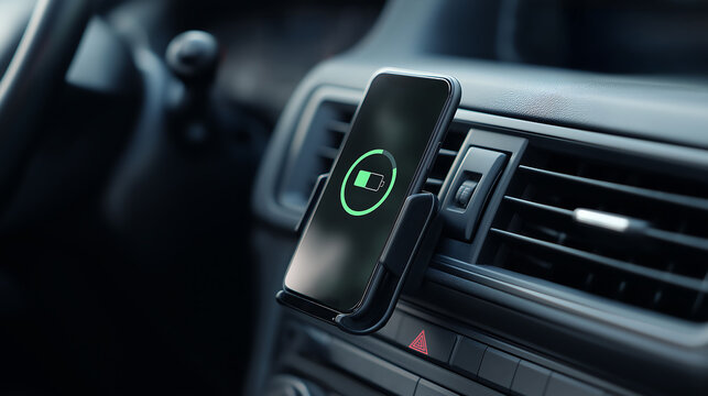A mobile phone on holder wirelessly charging in car center console connecting for charging battery and a charging icon on screen of mobile phone. Modern technology and convenience of modern car