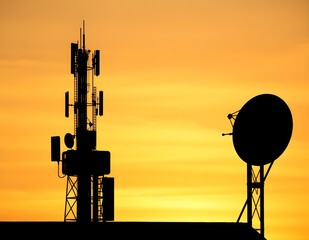 Silhouette of communication towers and satellite dish against a vibrant orange and yellow sunset sky
