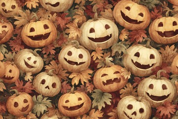 Vintage pattern of Halloween pumpkins with carved smiling faces.