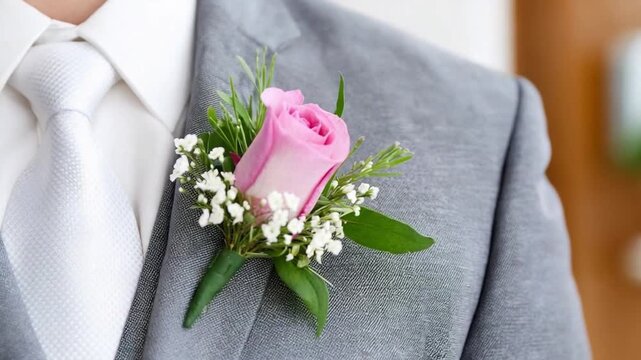 Elegant Lapel Adornment: Capturing the essence of elegance, a rose corsage adorns the lapel of a suit, a symbol of refined sophistication and celebration. 