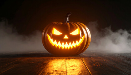 Creepy Carved Pumpkin in Dramatic Halloween Atmosphere