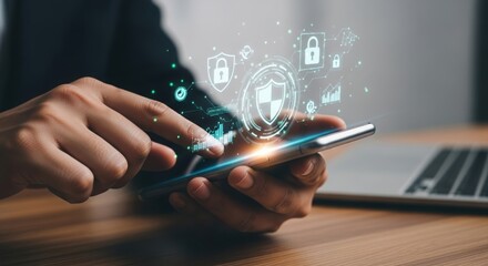 Close up of hands holding a modern smartphone with digital security icons and data streams emanating from the screen