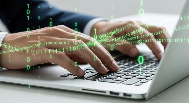 Close up of a professional typing on a laptop keyboard with digital binary code overlaying the scene