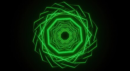 Neon green geometric tunnel with a black background