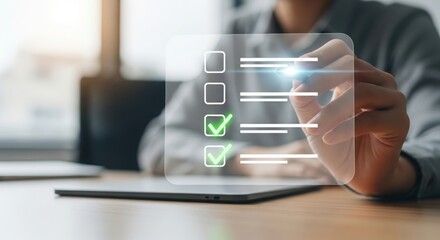 Person s hand interacting with a digital checklist displayed on a transparent screen showing completed tasks