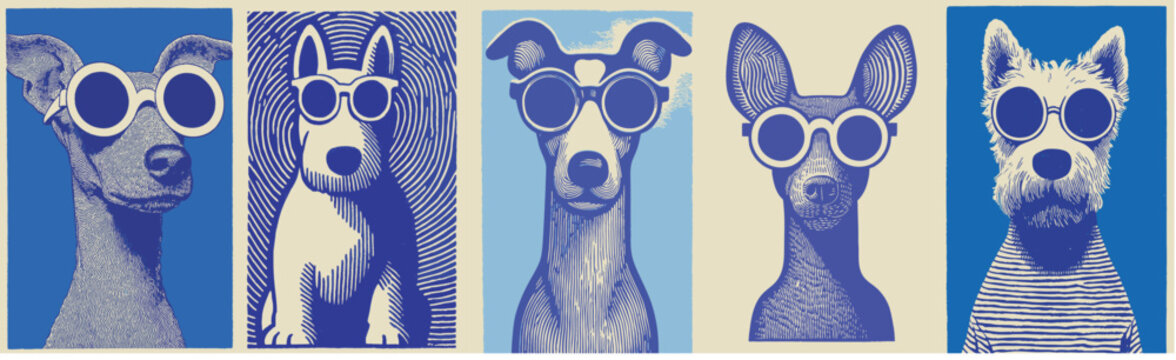 Blue illustration of cool dogs wearing summer sunglasses