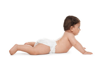 Fototapeta premium Cute little baby in diaper on white background