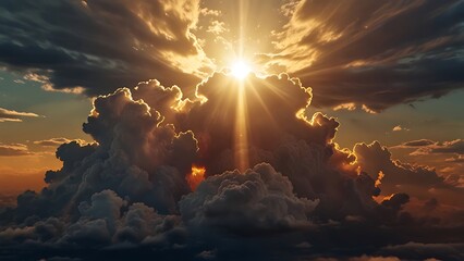 dramatic sunbeams breaking through storm clouds in golden sky over textured atmosphere