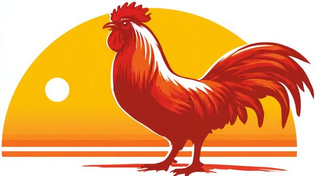 Red rooster with sunrise graphic