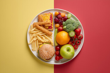 Top view of a plate divided into junk food and healthy fruits