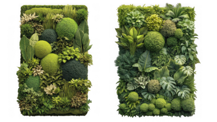 Two vertical living green walls filled with lush plants, leaves, and spherical mosses, isolated on transparent background
