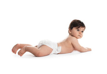 Obraz premium Cute little baby in diaper on white background
