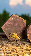 Honeybee on honeycomb. Close-up of a bee on a honeycomb