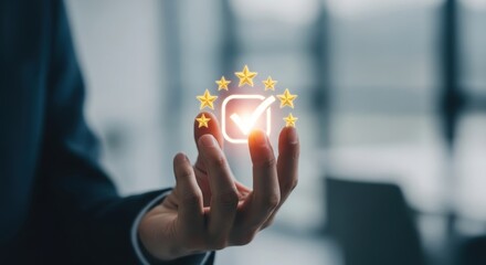 Close up of a hand holding a glowing checkmark surrounded by golden stars representing excellent customer satisfaction and positive feedback