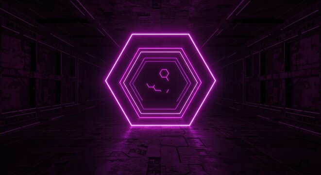 Neon hexagon tunnel with molecular structure - Powered by Adobe