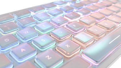 Close-up of a keyboard with pastel-colored, glowing keys