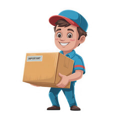 A cheerful cartoon delivery man carrying an important package, isolated on transparent background, representing express and reliable shipping service