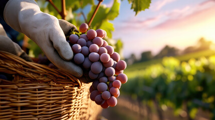 Close-up of farmer's hands holding a bunch of ripe red grapes during harvest in a sunlit vineyard, showcasing the fresh produce and agricultural labor