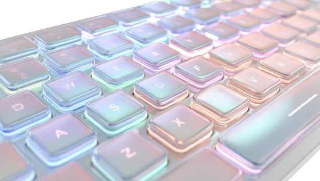 Close-up of a keyboard with pastel-colored, glowing keys