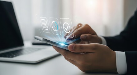 Close up of a person s hands holding a smartphone with a digital security shield icon and network connections overlay