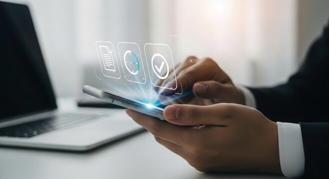 Close up of a person s hands holding a smartphone with a digital security shield icon and network connections overlay - Powered by Adobe