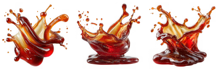 Dynamic splashes of dark liquid, like cola or coffee, frozen in midair isolated on transparent background