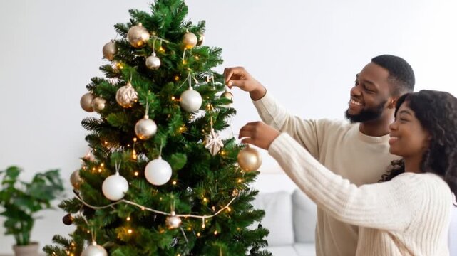 Happy Couple Decorating Christmas Tree at Home