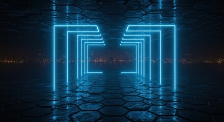 Neon light frames lead to a city skyline reflected on a wet hexagonal surface