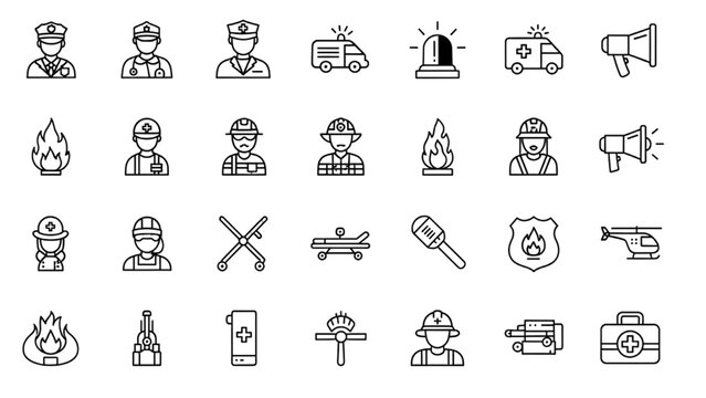 Emergency services vector icon set with adjustable line weight featuring police, firefighter, ambulance, siren, stretcher, helicopter, badge, and first aid symbols. Ideal for safety, healthcare, disas