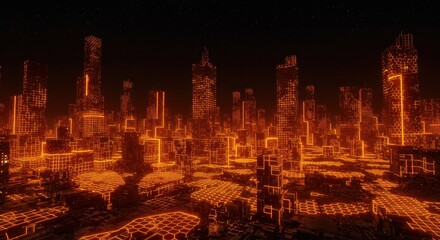 Neon orange wireframe cityscape at night with starry sky