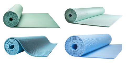 Four rolled yoga exercise mats are displayed in a collage on transparent background