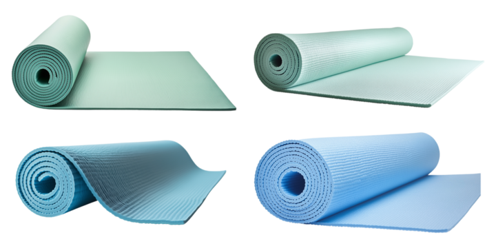 Four rolled yoga exercise mats are displayed in a collage on transparent background