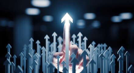 Bright illuminated arrow leads forward through many smaller arrows symbolizing growth and success