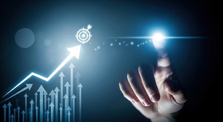 Fingertip illuminates upward trending financial growth chart towards success target symbol