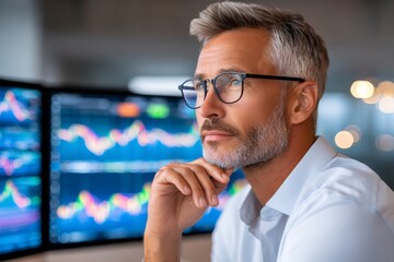 Stock market broker analyzing charts on multiple computer screens in office