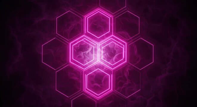 Neon pink hexagons arranged in a honeycomb pattern against a smoky purple background - Powered by Adobe
