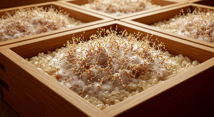 Koji Mold Growing on Rice Grains in Wooden Fermentation Boxes