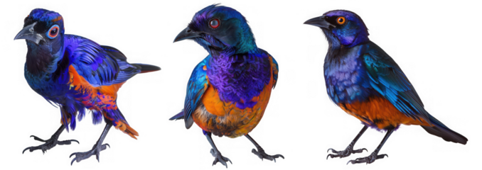 Three colorful starlings isolated on transparent background