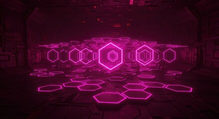 Neon pink hexagons illuminate a dark futuristic tunnel