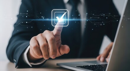 Business professional s finger presses a digital checkmark icon on a glowing screen signifying successful task completion and approval
