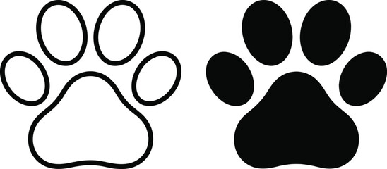Animal Paw Prints, Outline and Solid Black Design, Isolated on White Background