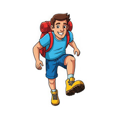 A cheerful cartoon man with a backpack is hiking up a hill isolated on transparent background, showcasing his love for adventure and outdoor activity